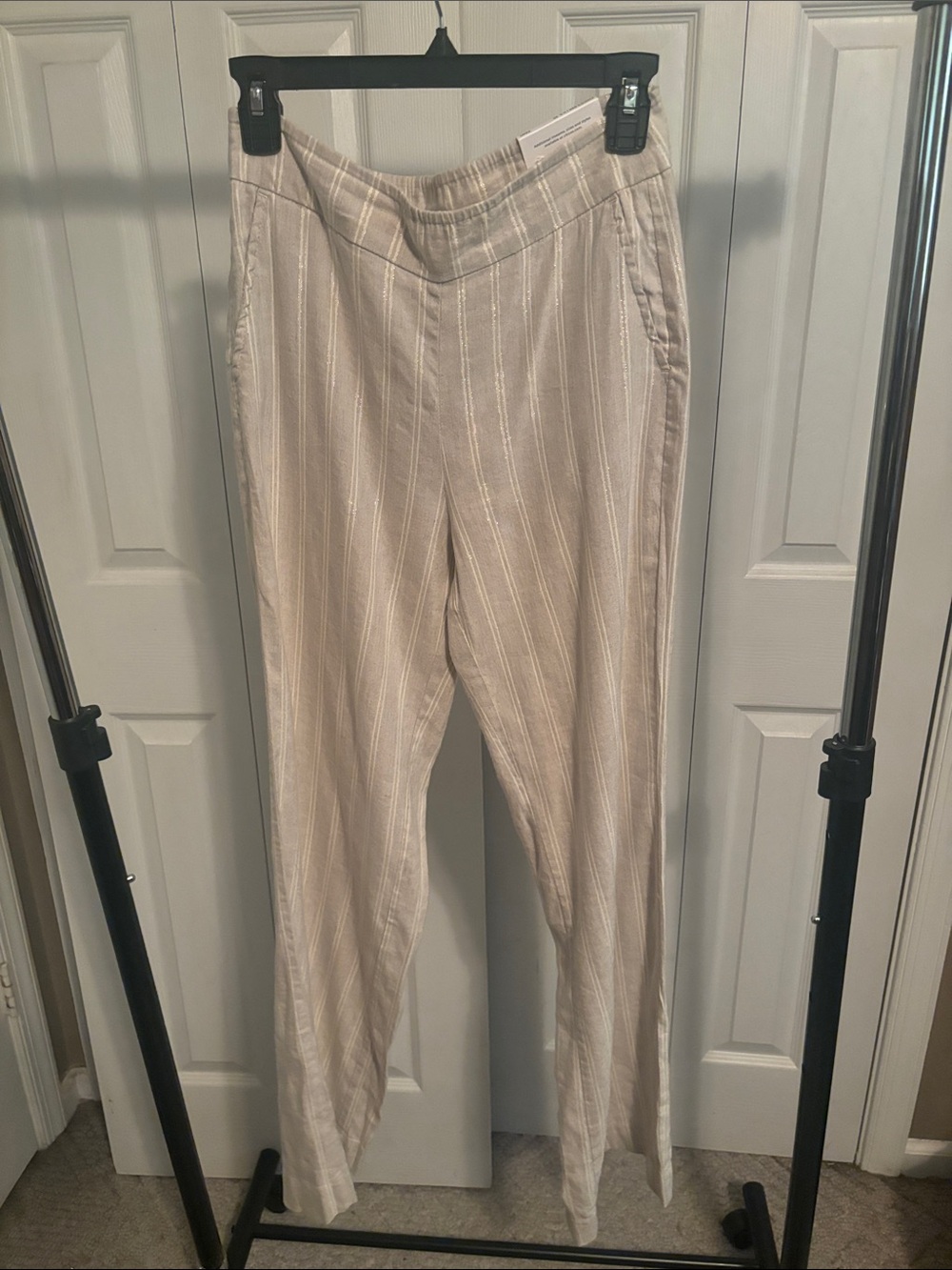 Chico’s Trouser Light Beige Striped Linen-Blend Trousers